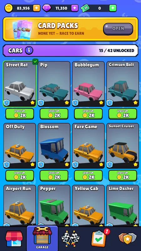 The garage, a grid of cars to unlock