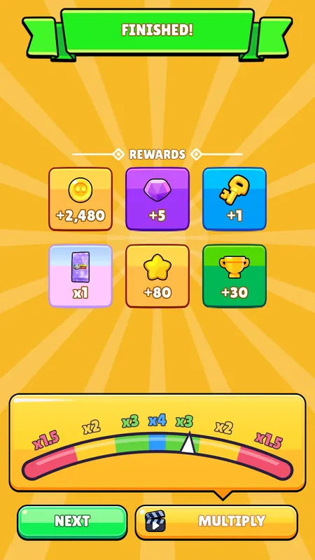 The finish screen with coins, gems, a key and trophies