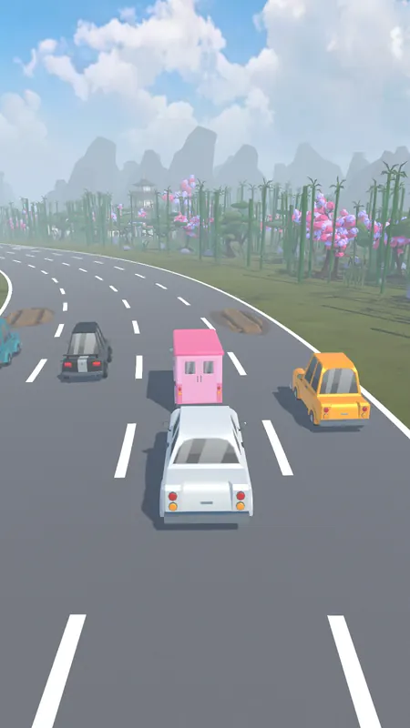 The player's white car racing rivals on a bamboo-lined road