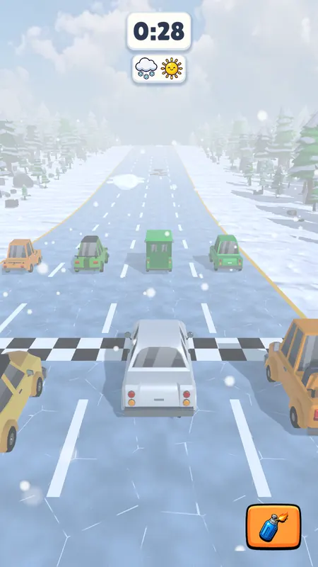 Cars racing across a snowy road in falling snow