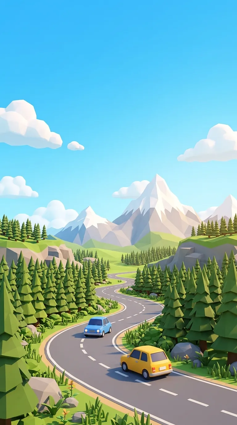 A winding mountain road through a pine forest, two cars racing along it